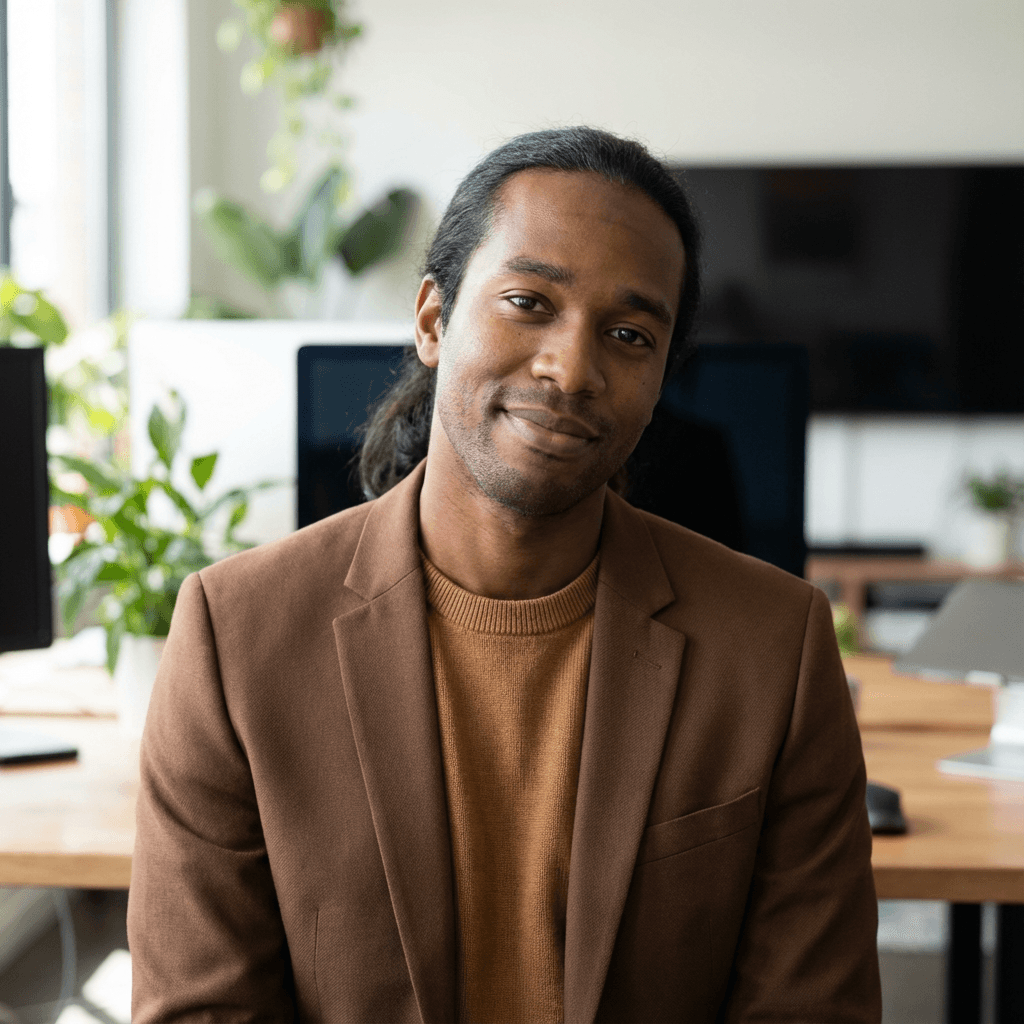 Black male researcher in his early 40s wearing a lab coat