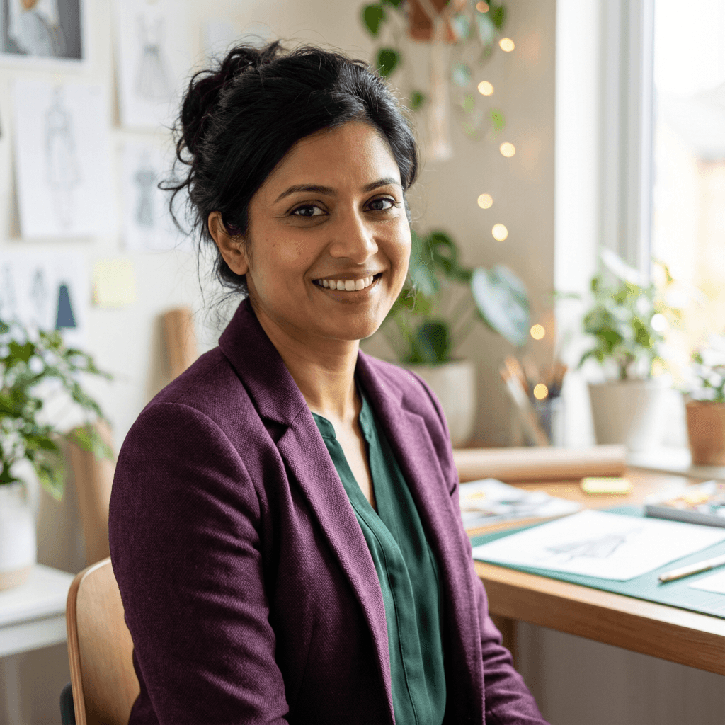 South Asian female paediatric neurologist in her late 30s wearing a saree with a white coat