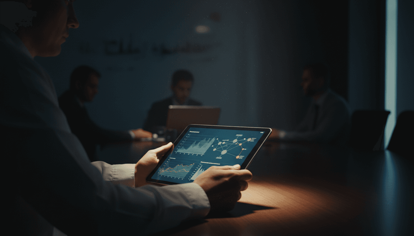 Neurologist reviewing epidemiological data on a tablet in a dim conference room