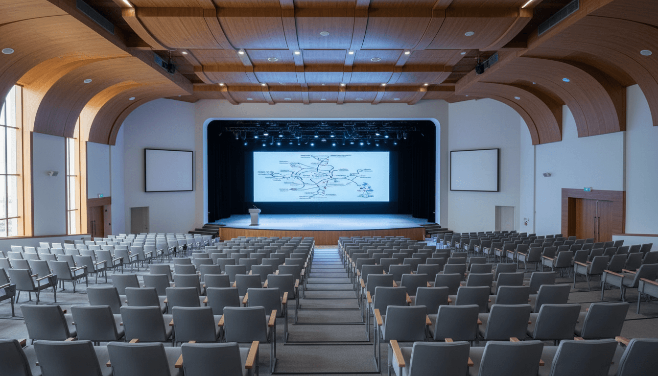 Modern medical conference auditorium with a stage and presentation screen