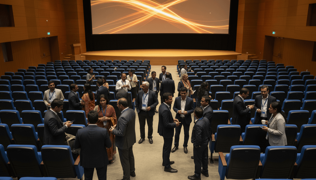 Brightly lit conference auditorium in Bengaluru with empty seats and stage