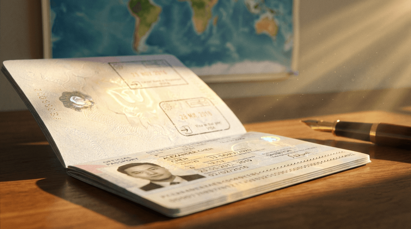 Passport and boarding pass on a wooden desk